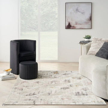 Glitz GLZ04 Modern Abstract Tiled Geometric Grid Distressed Metallic Shimmer Hi-Low Textured Soft-Touch Polyester Low Profile Short-Pile Ivory/Beige/Grey/Multicolour Rug-Nourison-Rug Love - The Most Loved Rug Store